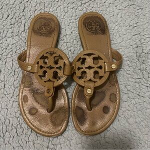 Tory Burch Miller Leather Thong Sandals Tan Logo Design Size- 8